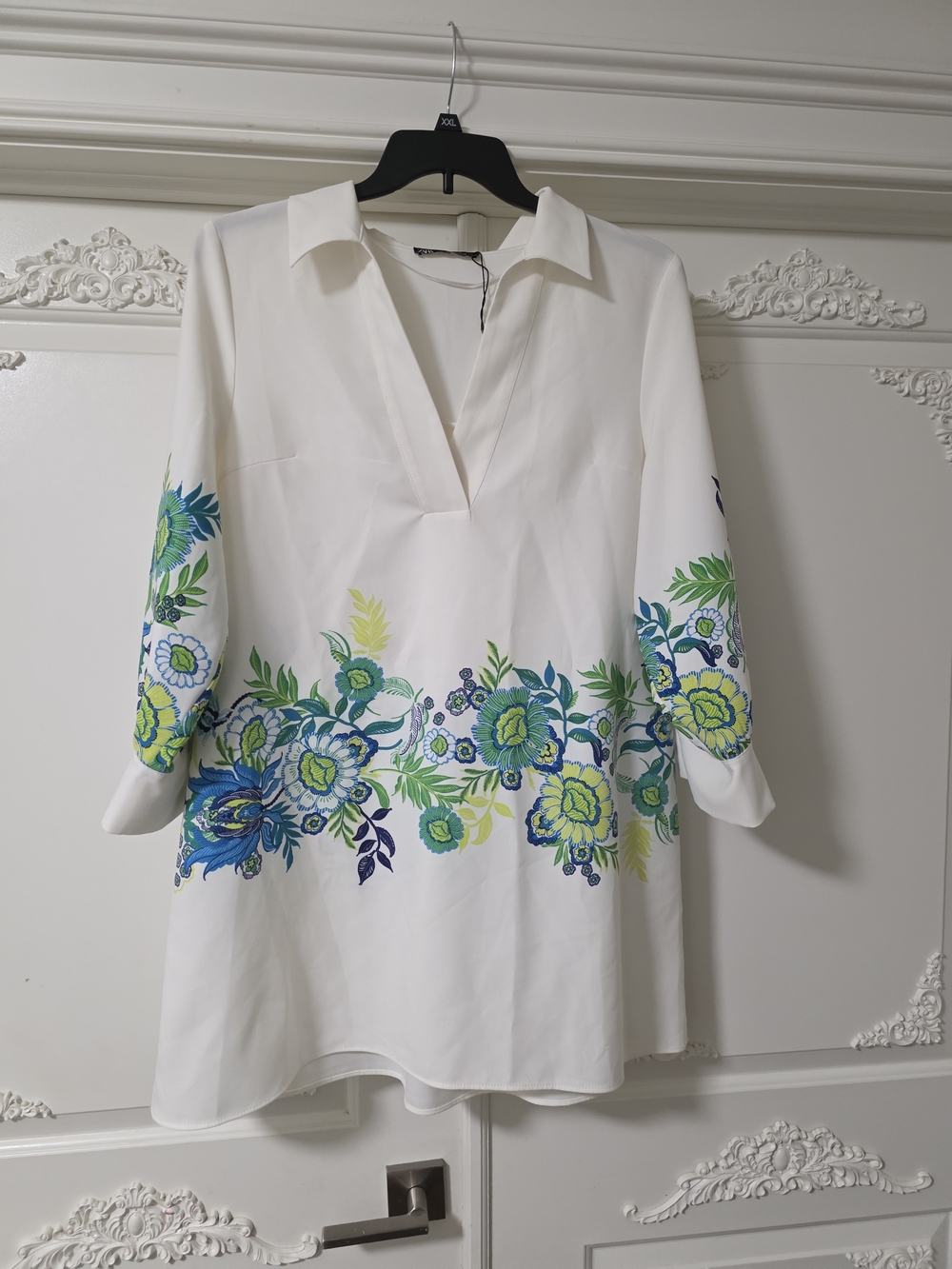 Zara White Tunic with Blue & Green Floral Border